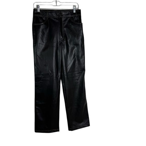 NWT ZARA Pants Faux Leather Vegan Straight Leg Contrast Stitching Black Size M - Picture 7 of 16